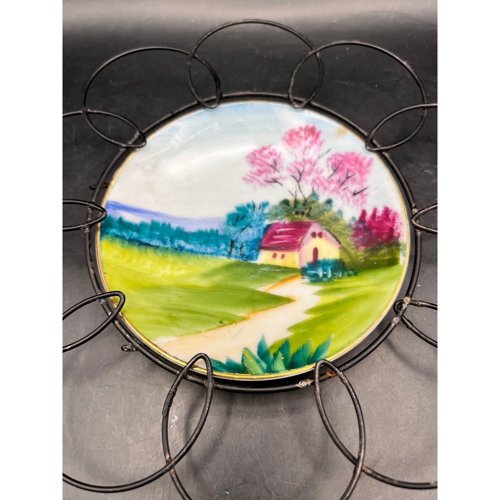Vintage Japan Wall Decor Plates Metal Flower Frame Cottage Sailboat 7" Diameter - Picture 3 of 6